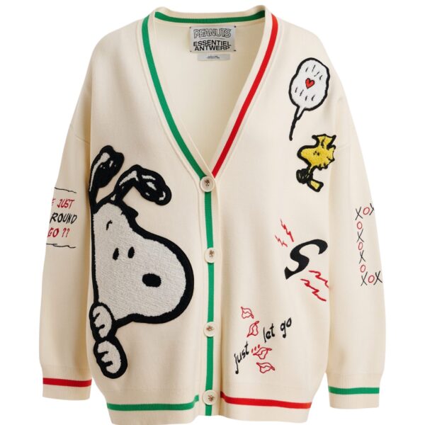 Off-white knit cardigan with multicolored Peanuts™ Snoopy and Woodstock patches