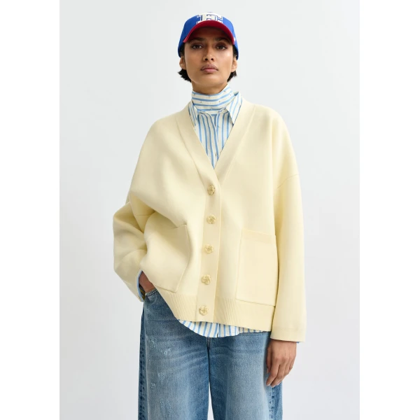 Essentiel Antwerp Off-white knit cardigan with tonal flower buttons, view 2