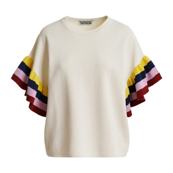 Off-white knitted top with multicolored striped layered sleeves