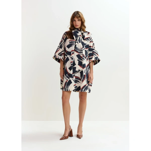 Essentiel Antwerp Off-white, navy and brown printed mini dress with pussy bow, view 3
