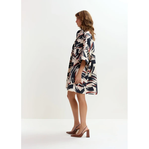 Essentiel Antwerp Off-white, navy and brown printed mini dress with pussy bow, view 4