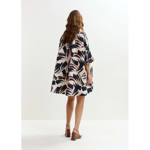 Essentiel Antwerp Off-white, navy and brown printed mini dress with pussy bow, view 5