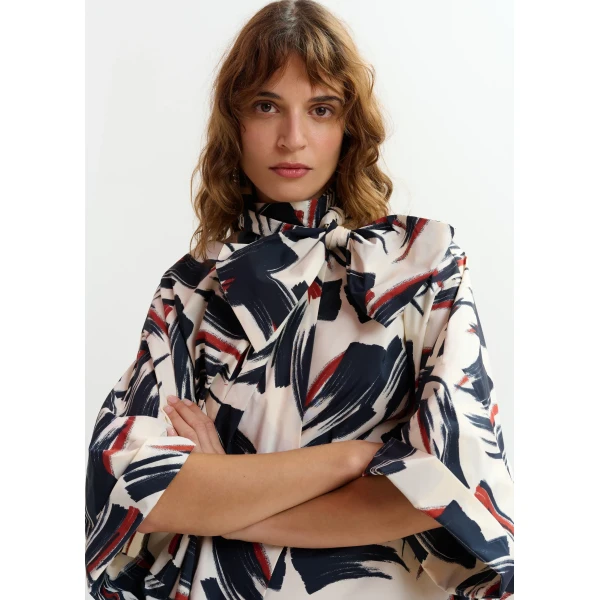 Essentiel Antwerp Off-white, navy and brown printed mini dress with pussy bow, view 6