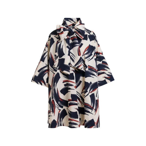 Essentiel Antwerp Off-white, navy and brown printed mini dress with pussy bow