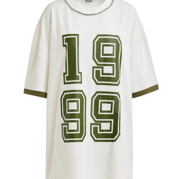 Off-white oversized cotton T-shirt with rhinestone embellished neckline and green numeric print