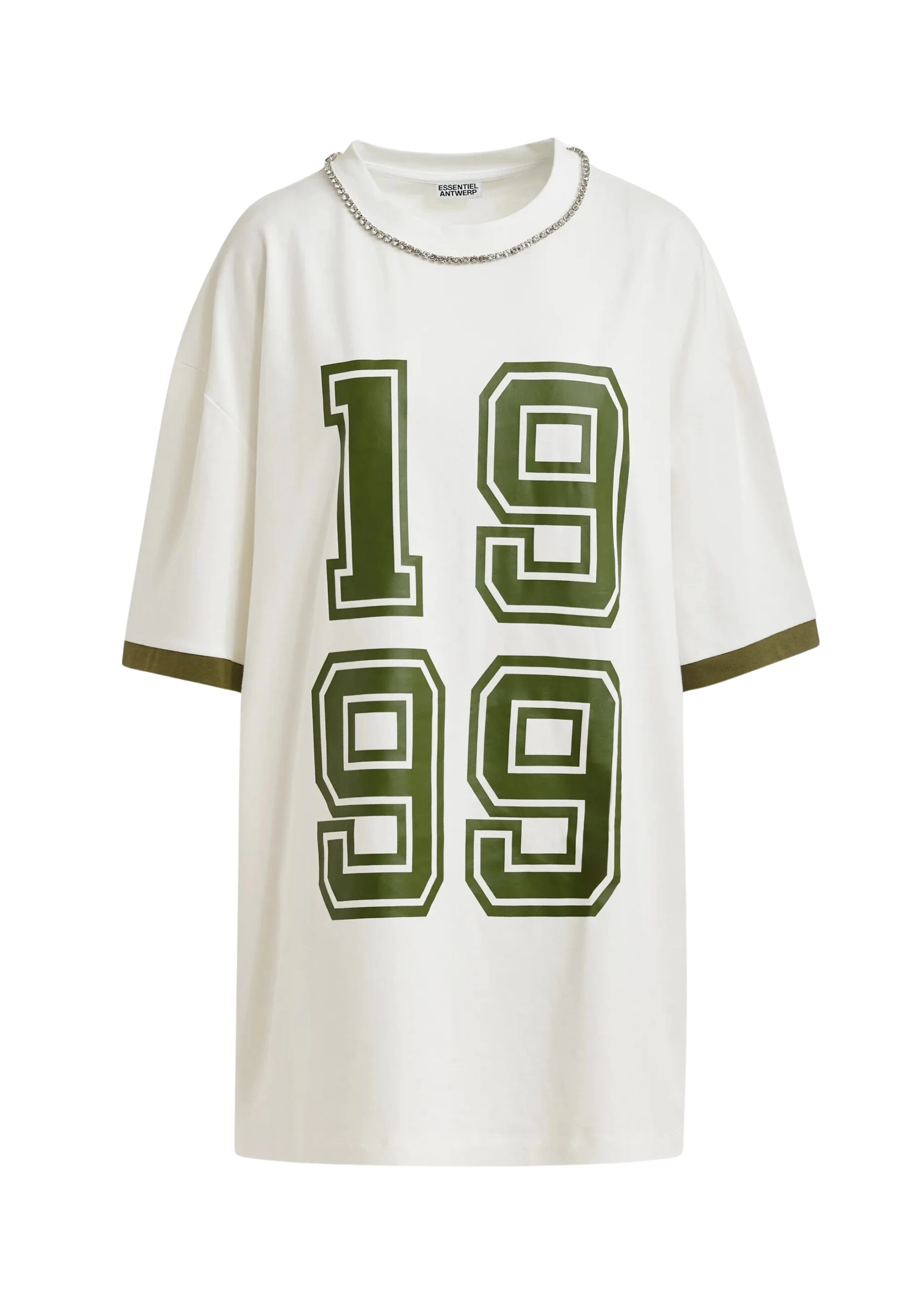 Off-white oversized cotton T-shirt with rhinestone embellished neckline and green numeric print