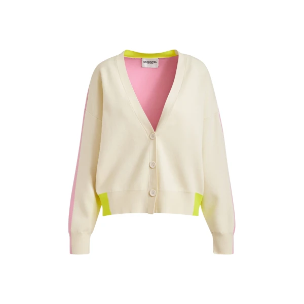 Essentiel Antwerp Off-white, pink and yellow colorblock fine-knit cardigan