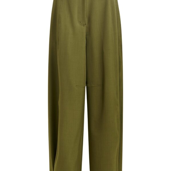 Olive green barrel-leg pants with twisted side seams