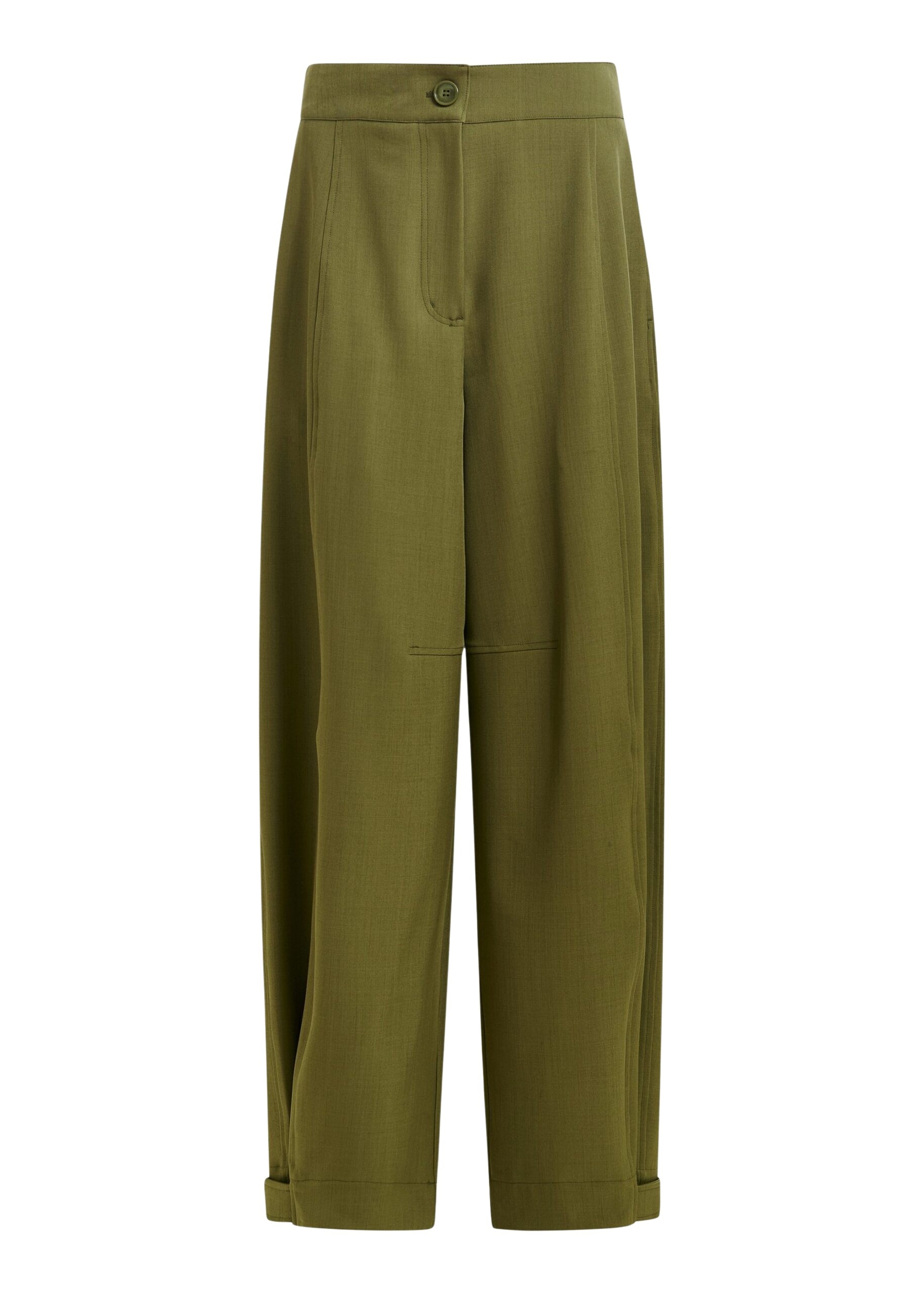 Olive green barrel-leg pants with twisted side seams