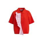 Orange and light pink ruffle fine-knit polo top