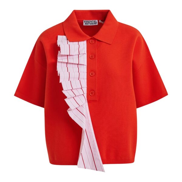 Orange and light pink ruffle fine-knit polo top