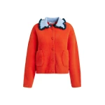 Orange cardigan with contrasting light blue and dark green ruffle collar
