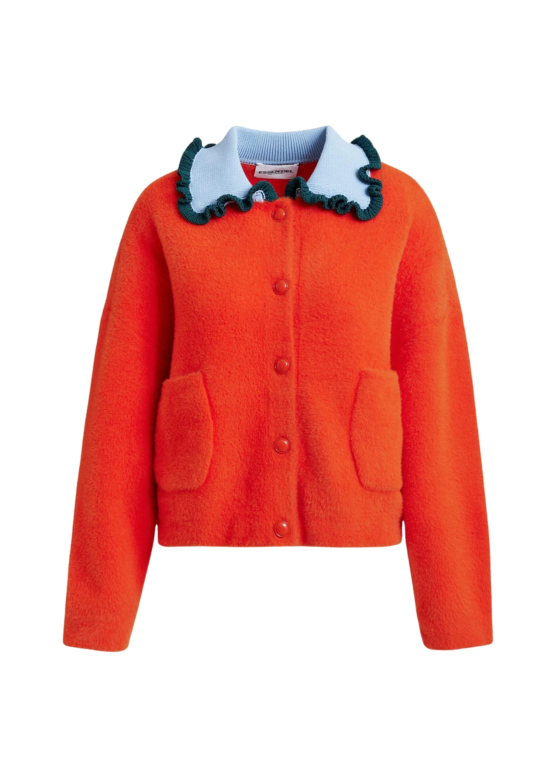 Essentiel-Antwerp-Orange-cardigan-with-contrasting-light-blue-and-dark-green-ruffle-collar-scaled60566_nobg Orange cardigan with contrasting light blue and dark green ruffle collar