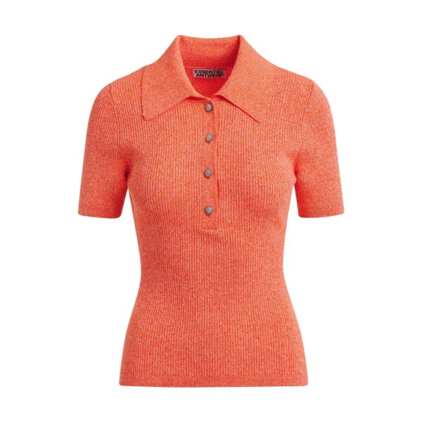Orange cotton-blend ribbed polo with rhinestone-encrusted buttons