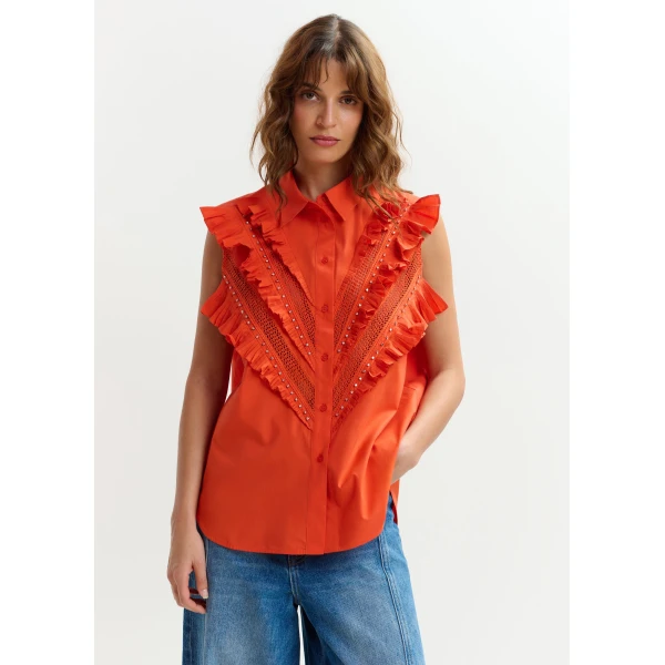 Essentiel Antwerp Orange embellished sleeveless cotton shirt with ruffle details, view 3
