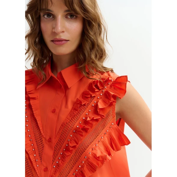 Essentiel Antwerp Orange embellished sleeveless cotton shirt with ruffle details, view 4