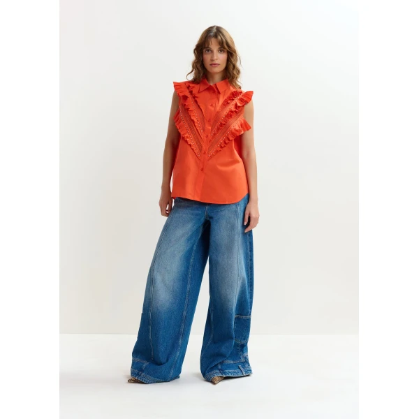 Essentiel Antwerp Orange embellished sleeveless cotton shirt with ruffle details, view 6