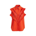 Orange embellished sleeveless cotton shirt with ruffle details