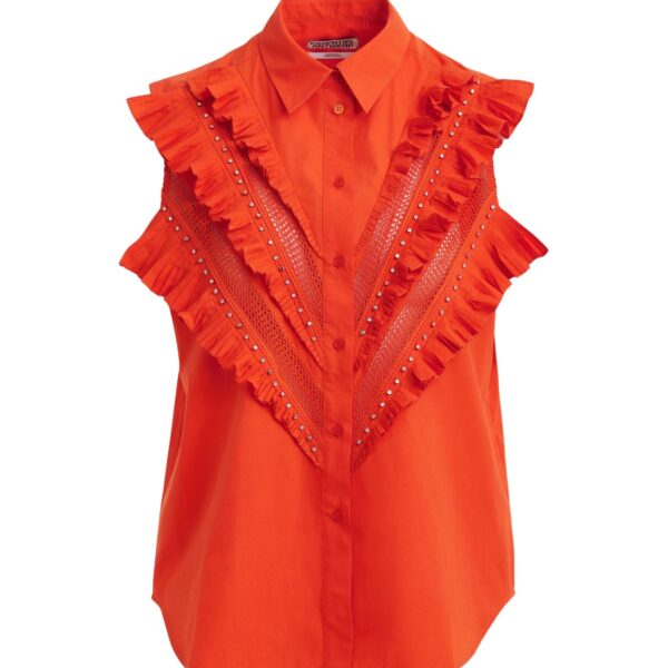 Orange embellished sleeveless cotton shirt with ruffle details