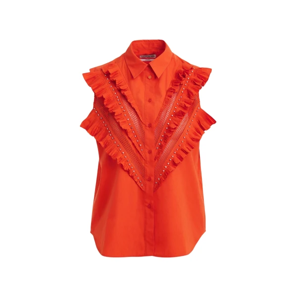 Essentiel Antwerp Orange embellished sleeveless cotton shirt with ruffle details