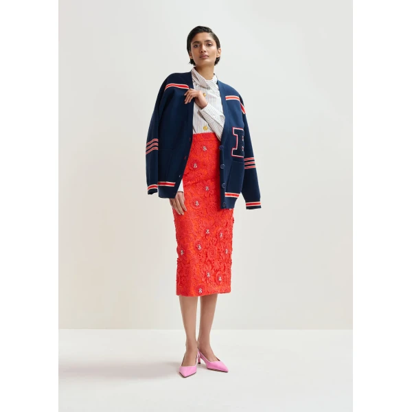 Essentiel Antwerp Orange floral lace pencil skirt with rhinestone embellishments, view 6