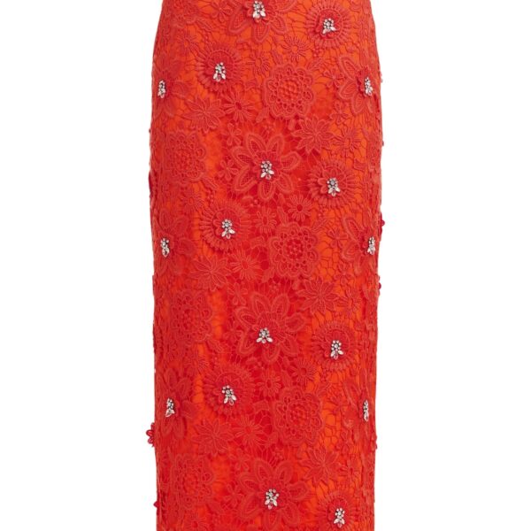 Orange floral lace pencil skirt with rhinestone embellishments
