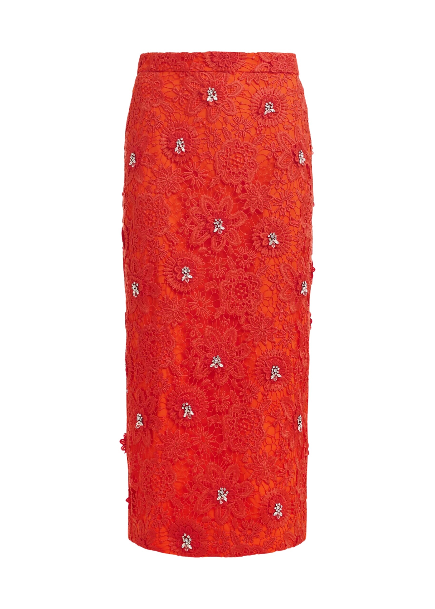 Orange floral lace pencil skirt with rhinestone embellishments