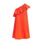 Orange one-shoulder mini dress with ruffle details