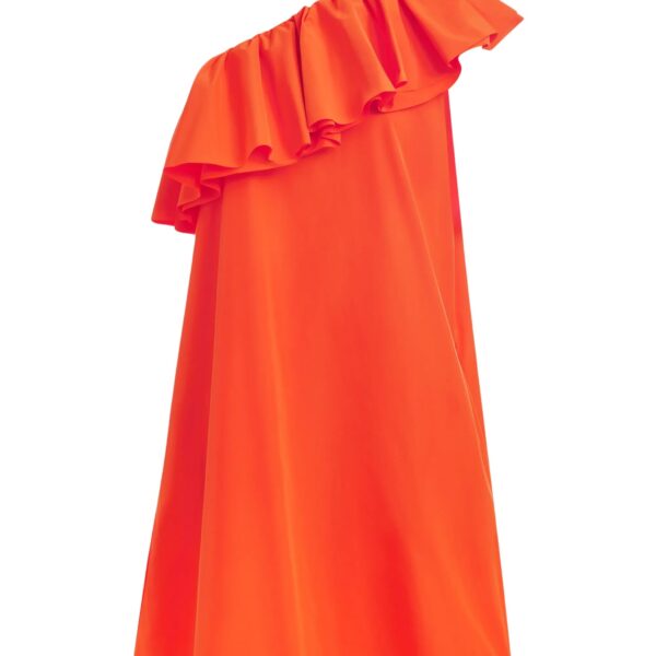 Orange one-shoulder mini dress with ruffle details