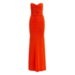 Orange strapless maxi dress with sculpted ruching and a subtle cut-out detail