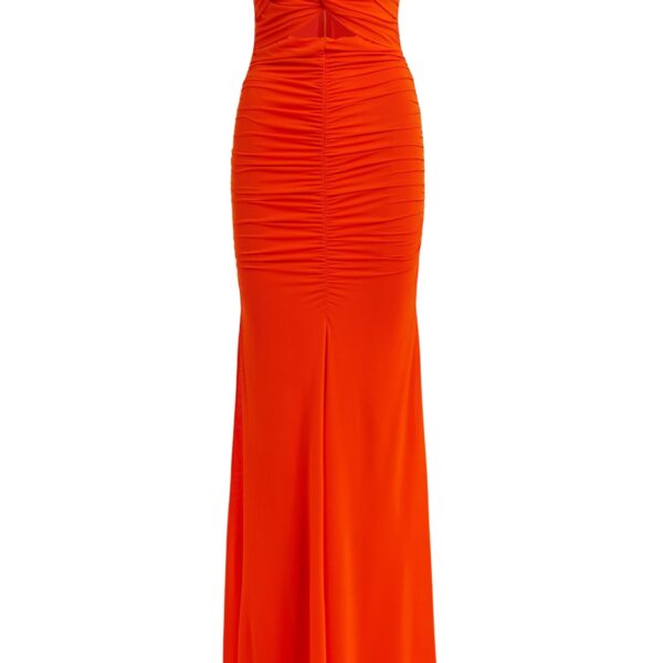 Orange strapless maxi dress with sculpted ruching and a subtle cut-out detail