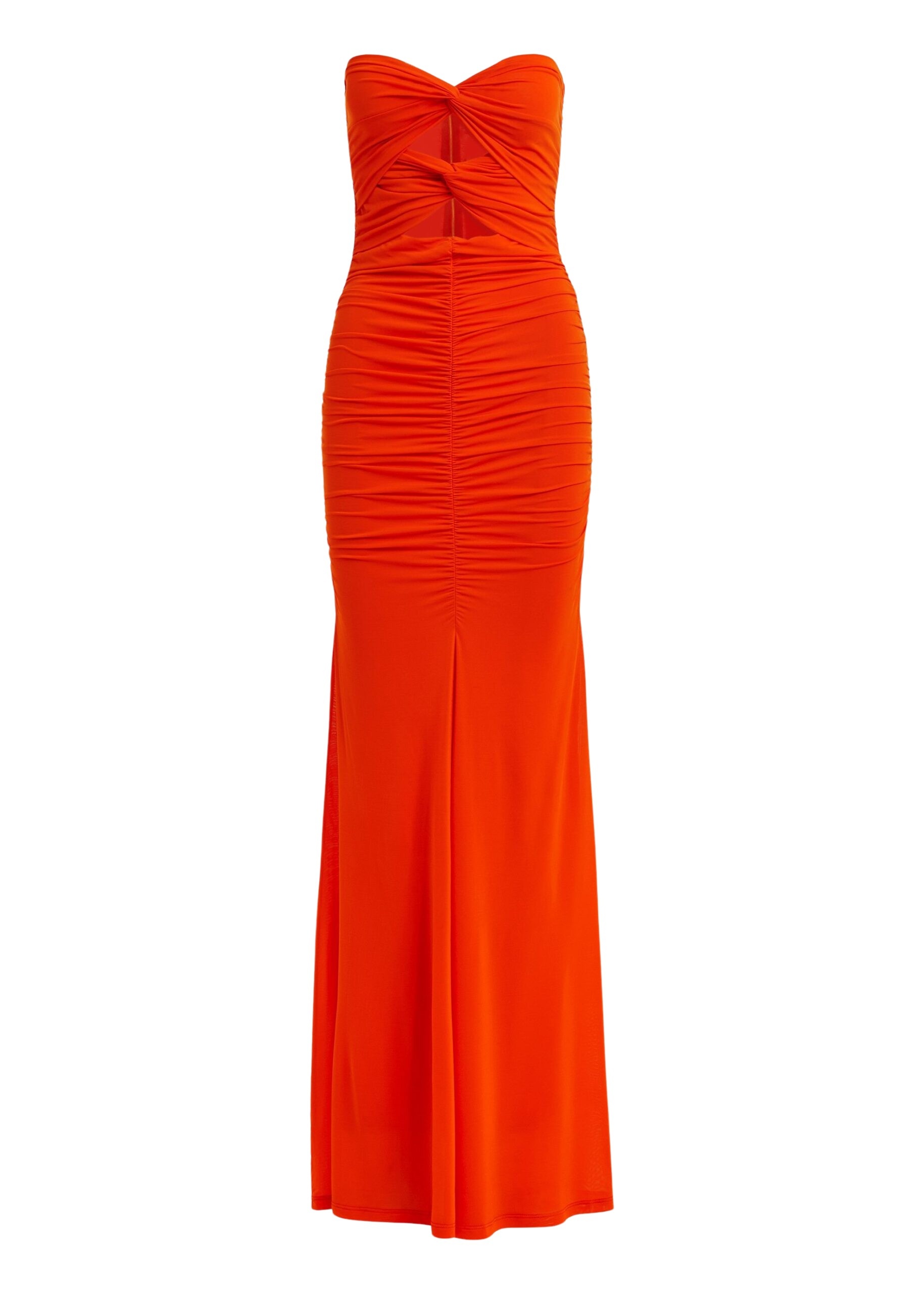 Orange strapless maxi dress with sculpted ruching and a subtle cut-out detail