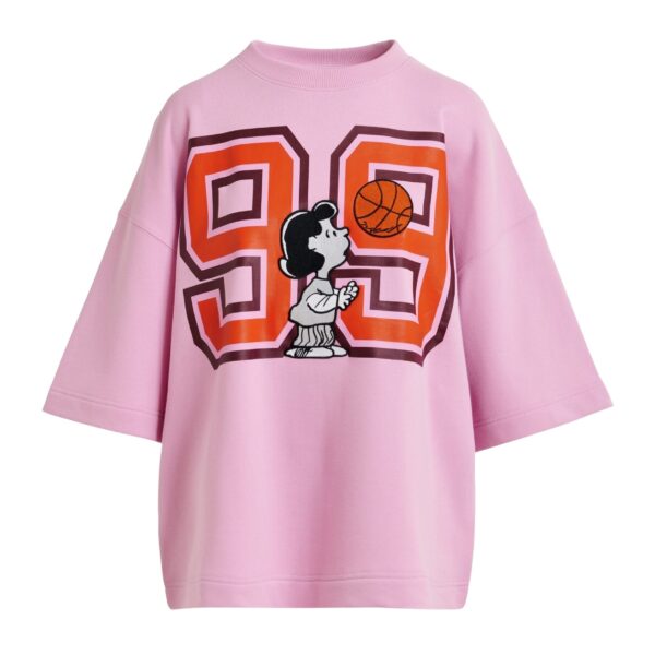 Pink T-shirt with appliquéd Peanuts™ Lucy patch and text print