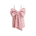 Pink and brown floral print cotton top with bow detail