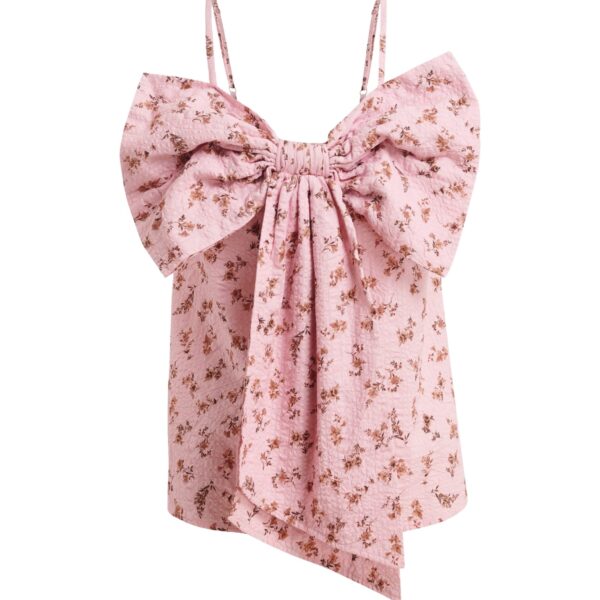 Pink and brown floral print cotton top with bow detail