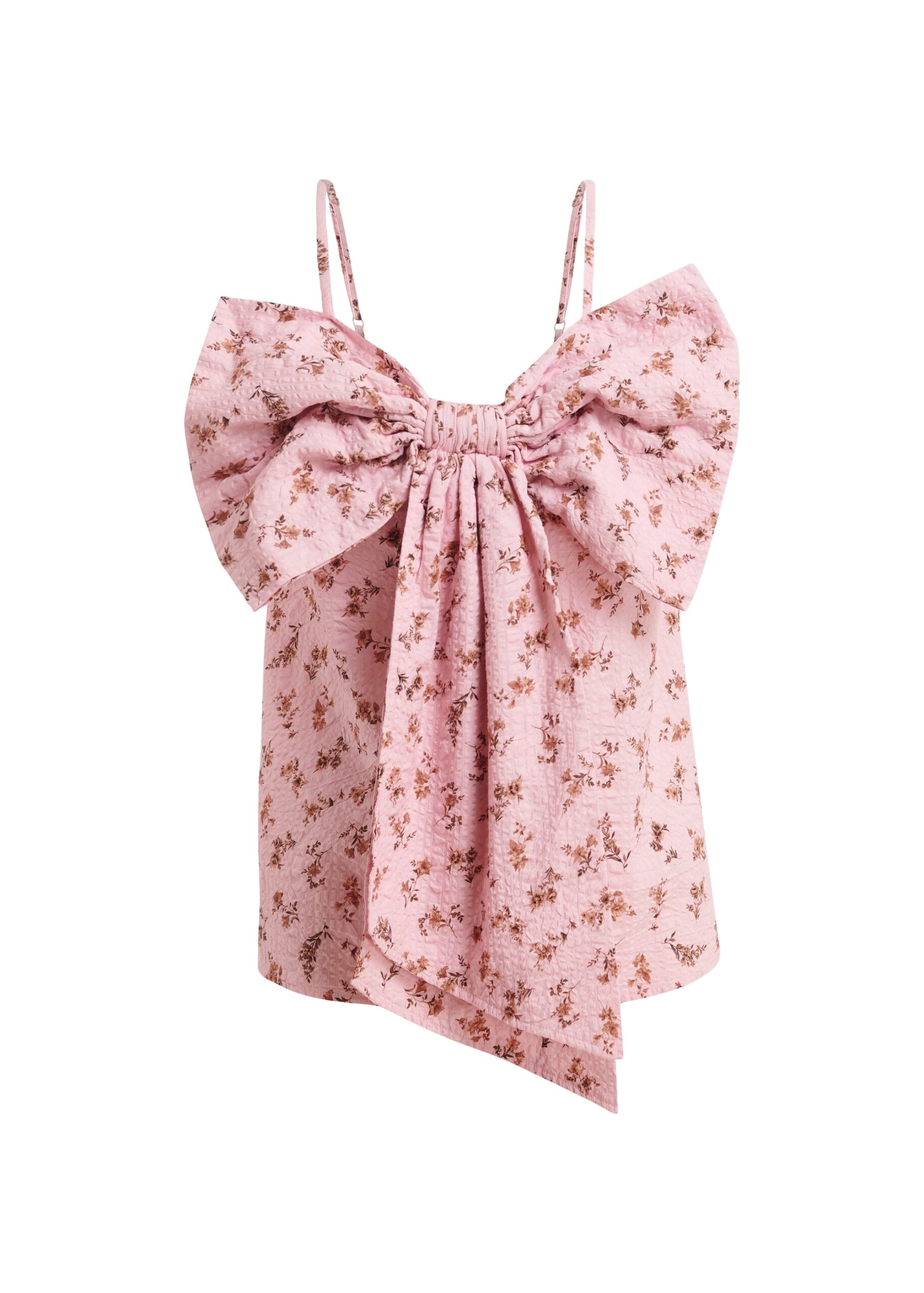 Pink and brown floral print cotton top with bow detail