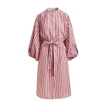 Pink and brown striped midi-length dress with mandarin collar and rhinestone embellishments