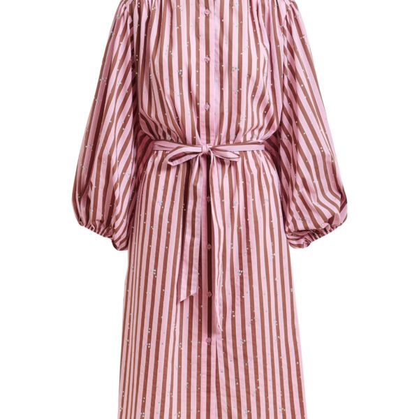 Pink and brown striped midi-length dress with mandarin collar and rhinestone embellishments