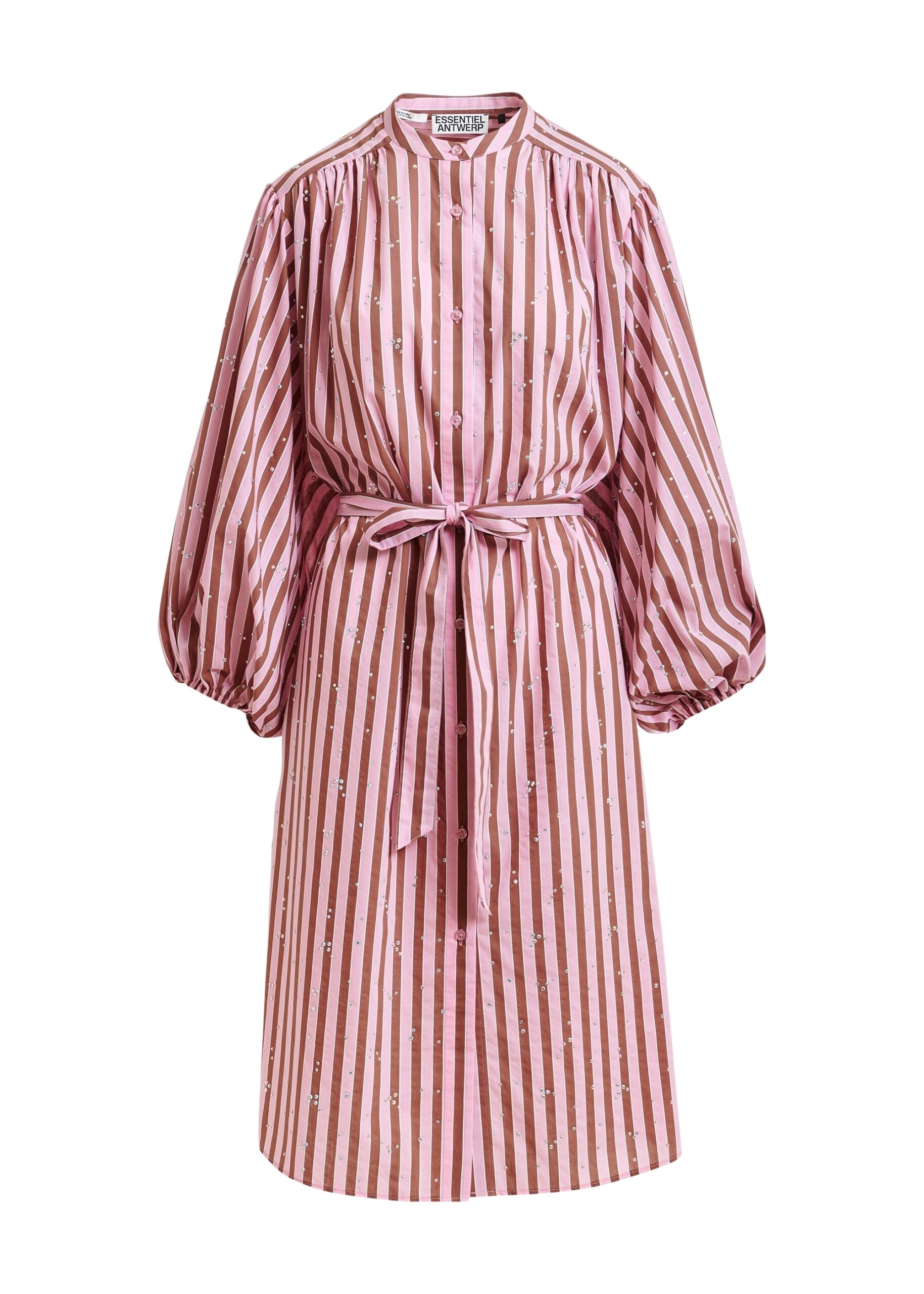 Pink and brown striped midi-length dress with mandarin collar and rhinestone embellishments