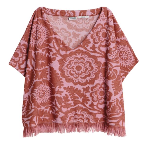 Pink and brown textured floral jacquard cotton-blend top with fringed trims