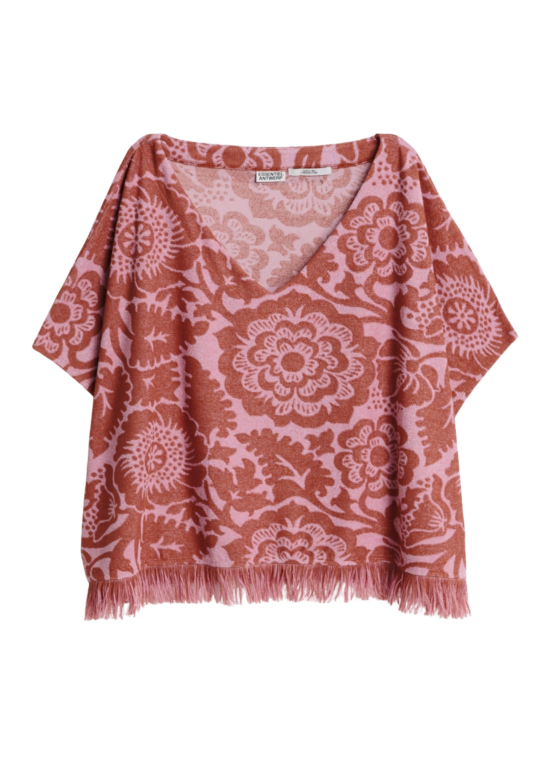 Pink and brown textured floral jacquard cotton-blend top with fringed trims