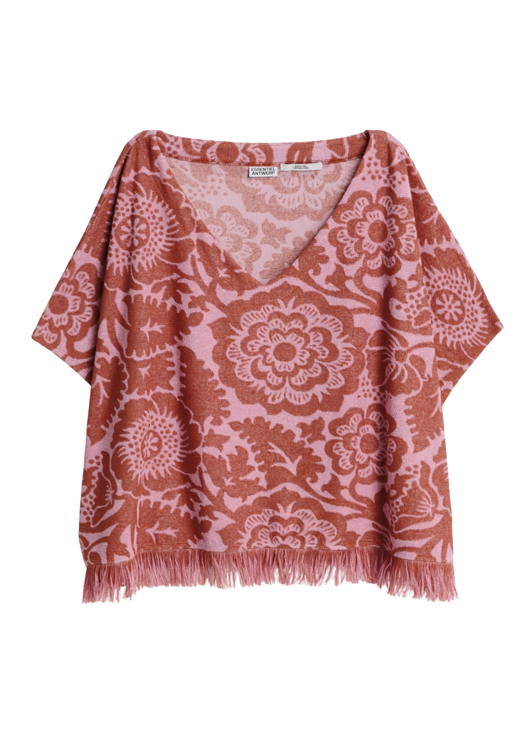 Essentiel-Antwerp-Pink-and-brown-textured-floral-jacquard-cotton-blend-top-with-fringed-trims-scaled14571_nobg Pink and brown textured floral jacquard cotton-blend top with fringed trims