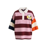 Pink and burgundy striped polo sweater with Peanuts™ patch and text