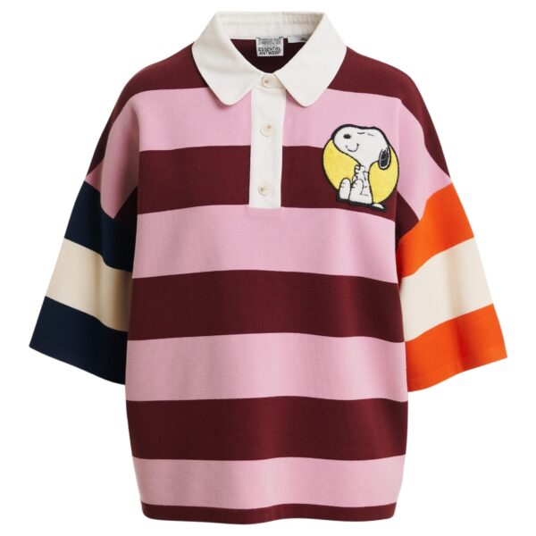 Pink and burgundy striped polo sweater with Peanuts™ patch and text