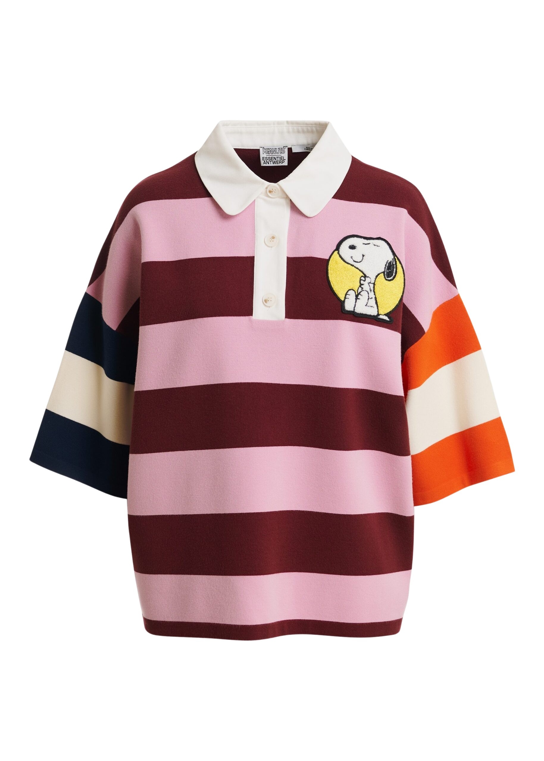 Pink and burgundy striped polo sweater with Peanuts™ patch and text