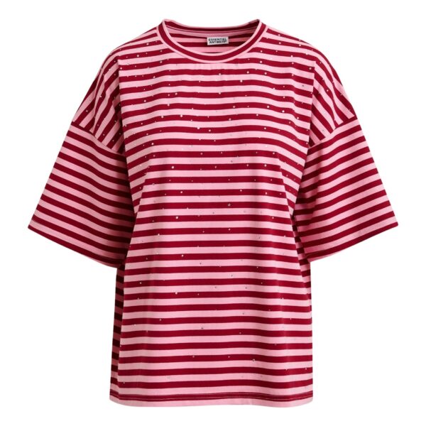 Pink and burgundy striped rhinestone-embellished oversized cotton T-shirt