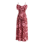Pink and dark red floral print babydoll midi dress with bow detail