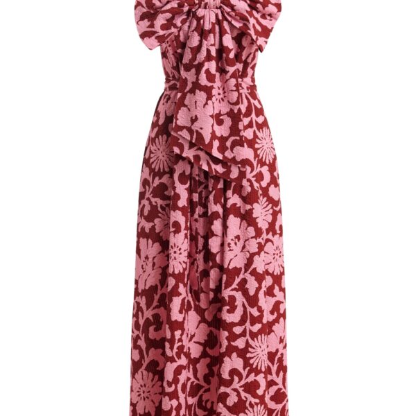 Pink and dark red floral print babydoll midi dress with bow detail