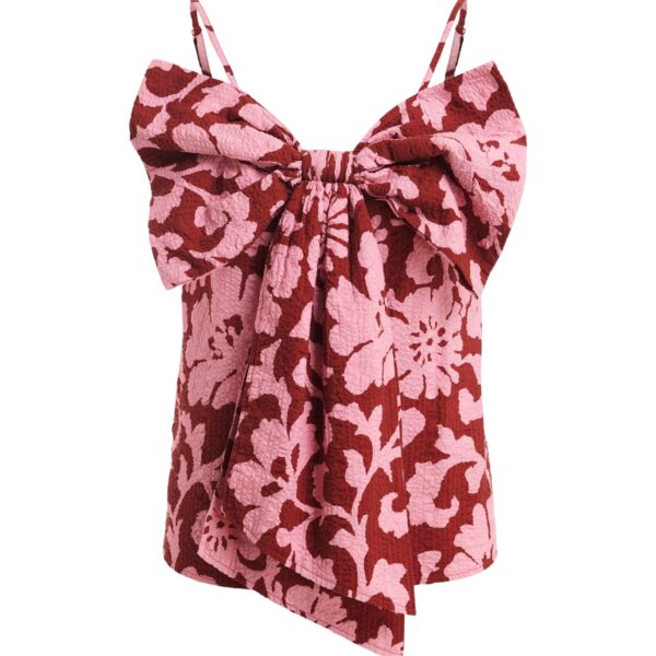 Pink and dark red floral print cotton top with bow detail