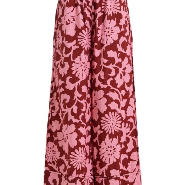 Pink and dark red wide-leg pants with contrast stitching